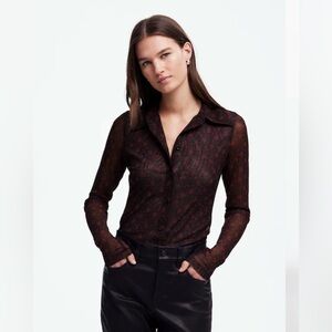 Madewell Long-Sleeve Button-Front Top in Floral Mesh • size large • NT656